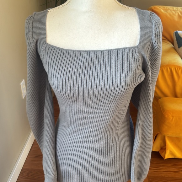 House of Harlow 1960 Dune Blue Knit Ribbed Long Sleeve Square Neck Dress Sz Med - Picture 2 of 10